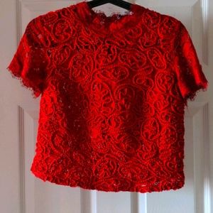Zara red lace & textured crop top